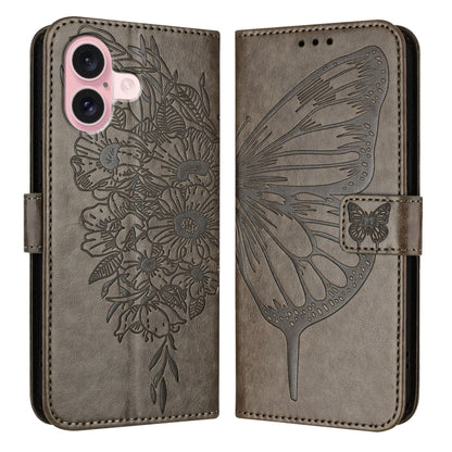 For iPhone 16 Embossed Butterfly Leather Phone Case(Grey) - iPhone 16 Cases by PMC Jewellery | Online Shopping South Africa | PMC Jewellery | Buy Now Pay Later Mobicred