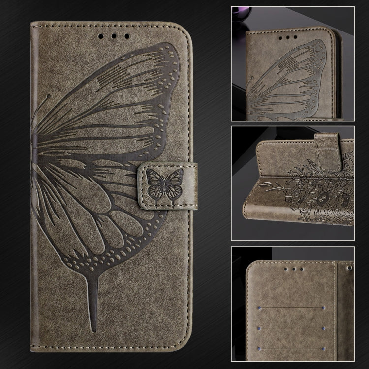 For iPhone 16 Embossed Butterfly Leather Phone Case(Grey) - iPhone 16 Cases by PMC TechLife | Online Shopping South Africa | PMC TechLife | Buy Now Pay Later Mobicred
