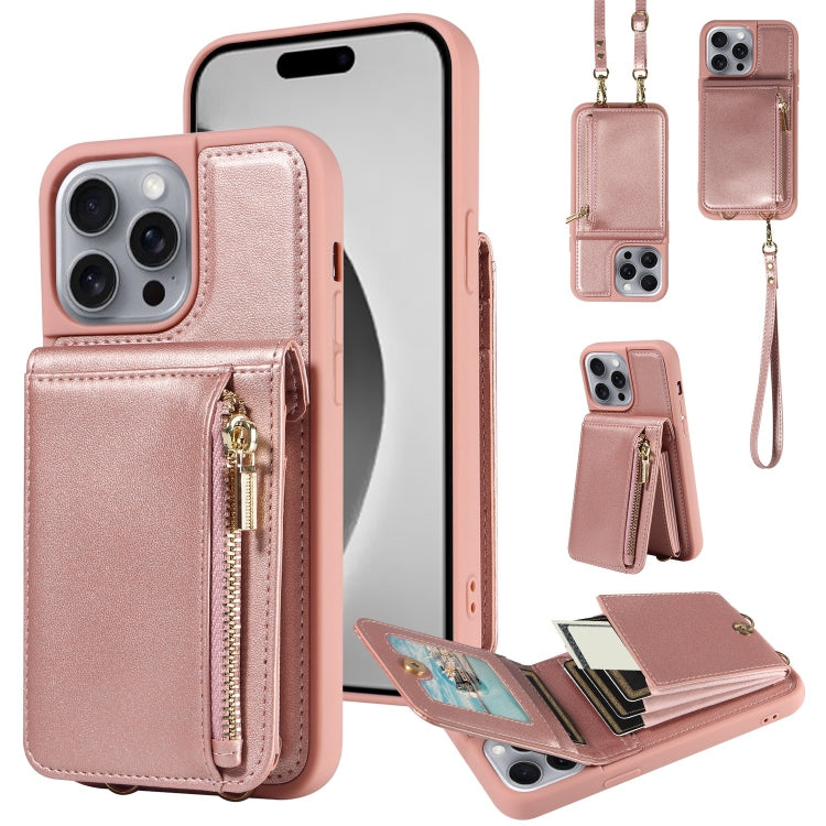 For iPhone 16 Pro Max Crossbody Lanyard Zipper Wallet Leather Phone Case(Rose Gold) - iPhone 16 Pro Max Cases by PMC Jewellery | Online Shopping South Africa | PMC Jewellery | Buy Now Pay Later Mobicred