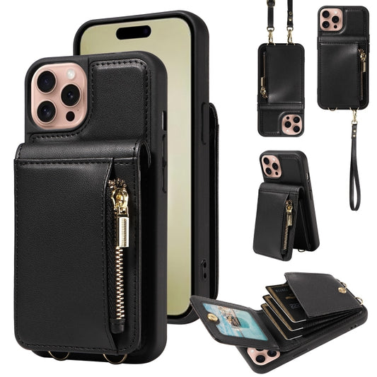 For iPhone 16 Pro Crossbody Lanyard Zipper Wallet Leather Phone Case(Black) - iPhone 16 Pro Cases by PMC Jewellery | Online Shopping South Africa | PMC Jewellery | Buy Now Pay Later Mobicred