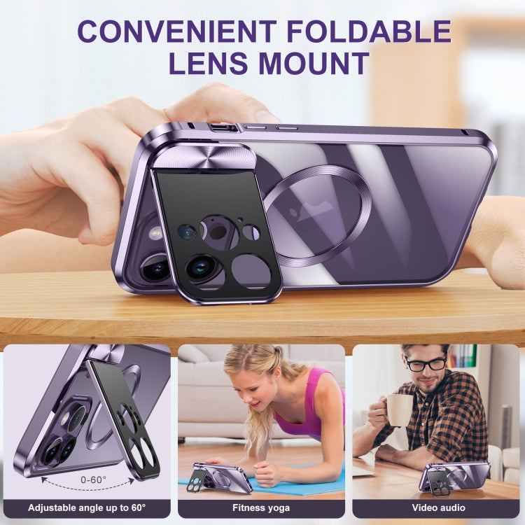 For iPhone 15 Large Window Holder MagSafe Magnetic Metal Phone Case(Purple) - iPhone 15 Cases by PMC TechLife | Online Shopping South Africa | PMC TechLife