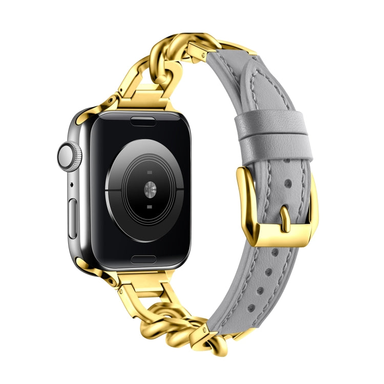 For Apple Watch 42mm Chain Genuine Leather Watch Band, Size: S(Gold Grey) - free shipping - PMC TechLife - Order now!