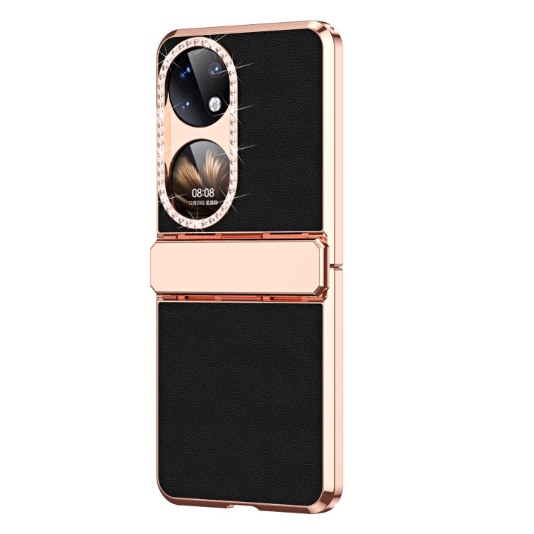 For Huawei P50 Pocket Plated Plain Leather Folding Phone Case with Hinge(Black) - Huawei Cases by PMC TechLife | Online Shopping South Africa | PMC TechLife | Buy Now Pay Later Mobicred