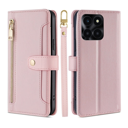 For Honor X6a 4G Sheep Texture Cross-body Zipper Wallet Leather Phone Case(Pink) - Honor Cases by PMC Jewellery | Online Shopping South Africa | PMC Jewellery | Buy Now Pay Later Mobicred