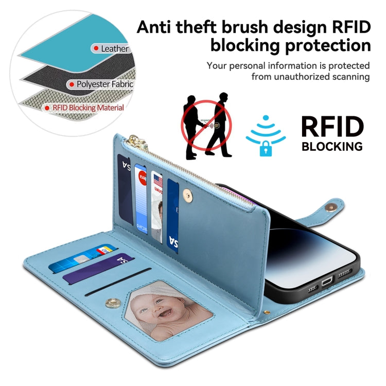 For iPhone 16 ESEBLE Star Series Lanyard Zipper Wallet RFID Leather Case(Blue) - free shipping - PMC TechLife - Order now!
