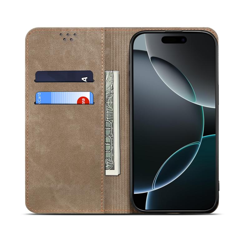 For iPhone 16e Denim Texture Casual Style Horizontal Flip Leather Case(Khaki) - iPhone 16e Cases by PMC TechLife | Online Shopping South Africa | PMC TechLife | Buy Now Pay Later Mobicred