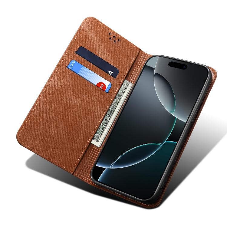 For iPhone 16e Denim Texture Casual Style Horizontal Flip Leather Case(Brown) - iPhone 16e Cases by PMC TechLife | Online Shopping South Africa | PMC TechLife | Buy Now Pay Later Mobicred