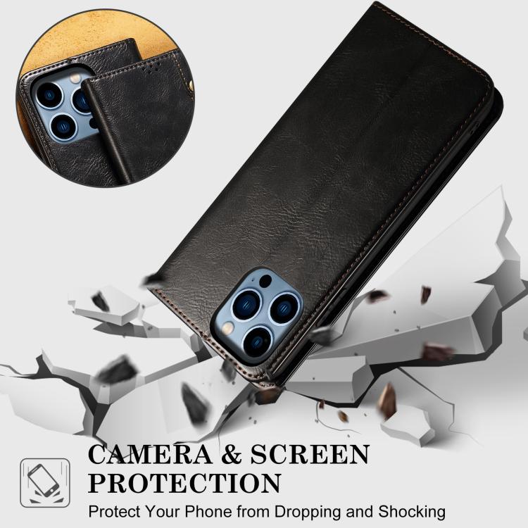 For iPhone 16e Oil Wax Crazy Horse Texture Leather Phone Case(Black) - iPhone 16e Cases by PMC TechLife | Online Shopping South Africa | PMC TechLife | Buy Now Pay Later Mobicred
