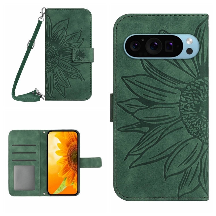 For Google Pixel 9 Pro Skin Feel Sun Flower Embossed Flip Leather Phone Case with Lanyard(Green) - Google Cases by PMC TechLife | Online Shopping South Africa | PMC TechLife | Buy Now Pay Later Mobicred