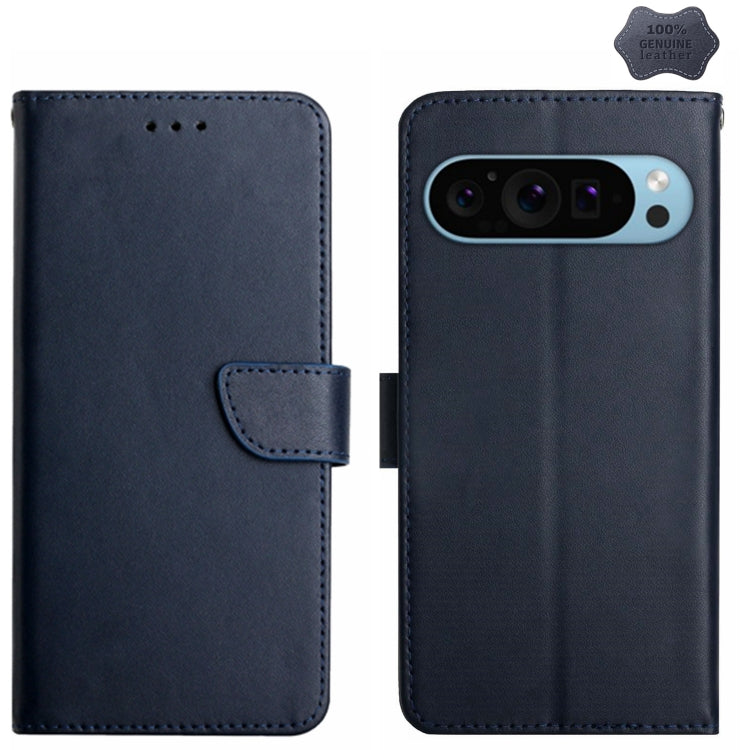 For Google Pixel 9 Pro HT02 Genuine Leather Fingerprint-proof Flip Phone Case(Blue) - Google Cases by PMC Jewellery | Online Shopping South Africa | PMC Jewellery | Buy Now Pay Later Mobicred