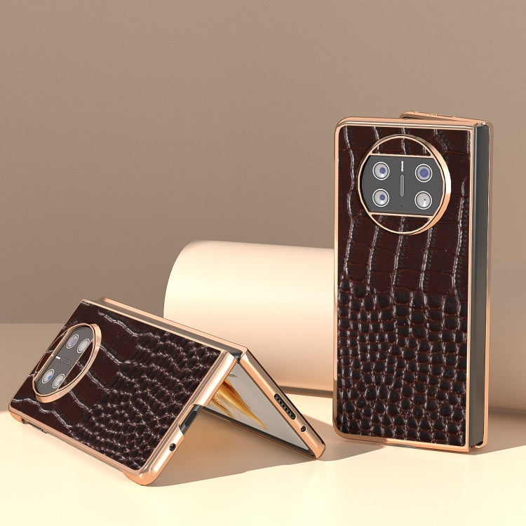 For Huawei Mate X3 Nano Plating Genuine Leather Crocodile Pattern Phone Case(Coffee) - Huawei Cases by PMC TechLife | Online Shopping South Africa | PMC TechLife | Buy Now Pay Later Mobicred