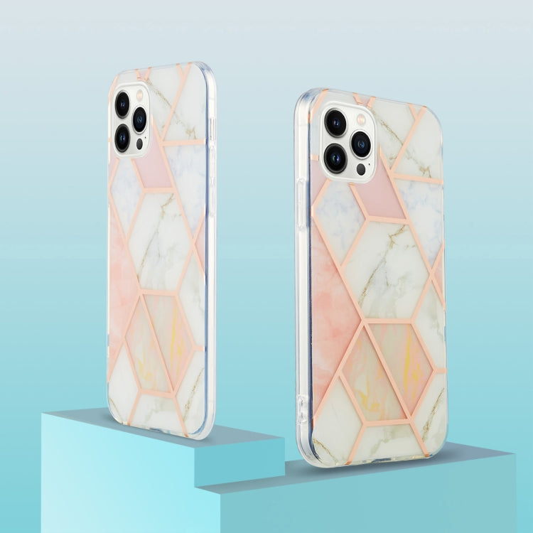 For iPhone 16 Pro Electroplating Splicing Marble Flower Pattern Dual-side IMD TPU Shockproof Phone Case(Pink White) - iPhone 16 Pro Cases by PMC TechLife | Online Shopping South Africa | PMC TechLife | Buy Now Pay Later Mobicred