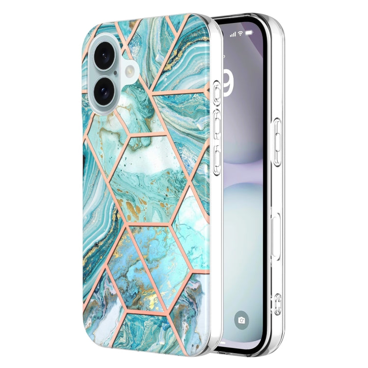 For iPhone 16 Electroplating Splicing Marble Flower Pattern Dual-side IMD TPU Shockproof Phone Case(Green) - iPhone 16 Cases by PMC TechLife | Online Shopping South Africa | PMC TechLife | Buy Now Pay Later Mobicred