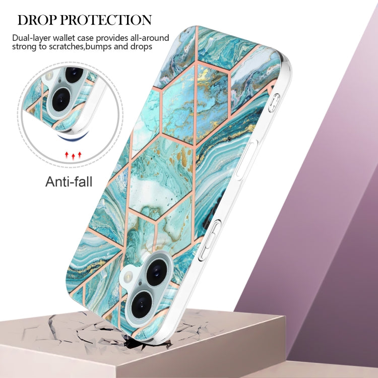 For iPhone 16 Electroplating Splicing Marble Flower Pattern Dual-side IMD TPU Shockproof Phone Case(Green) - iPhone 16 Cases by PMC TechLife | Online Shopping South Africa | PMC TechLife | Buy Now Pay Later Mobicred