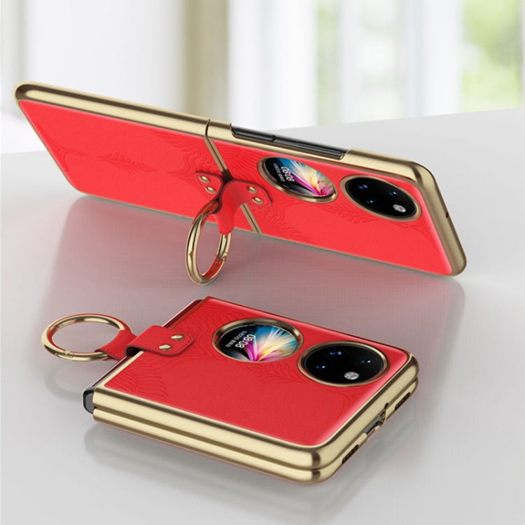 For Huawei P50 Pocket Electroplated Embossed Leather Phone Case with Ring(Red) - Huawei Cases by PMC TechLife | Online Shopping South Africa | PMC TechLife | Buy Now Pay Later Mobicred