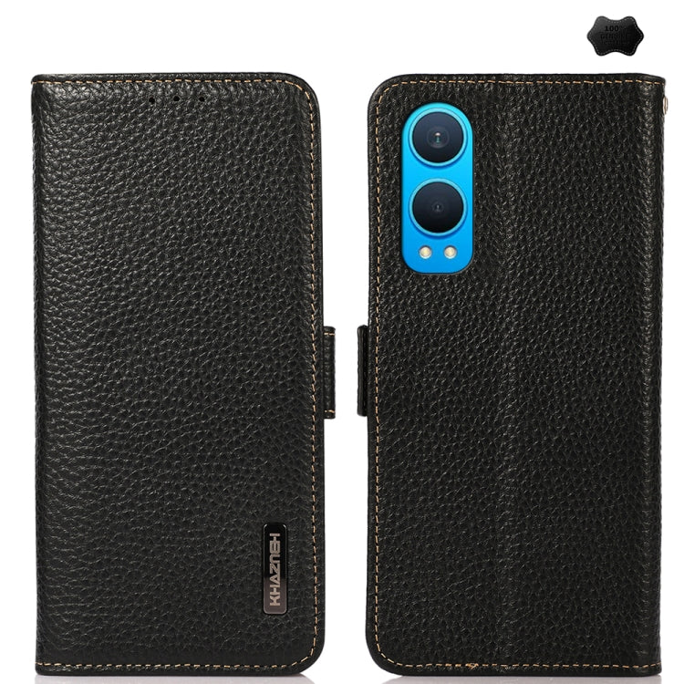 For OnePlus CE4 Lite KHAZNEH Side-Magnetic Litchi Genuine Leather RFID Phone Case(Black) - OnePlus Cases by PMC TechLife | Online Shopping South Africa | PMC TechLife | Buy Now Pay Later Mobicred