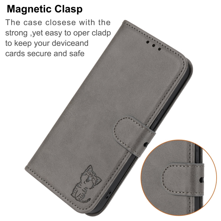 For iPhone 16e Embossed Happy Cat Pattern Flip Leather Phone Case(Grey) - iPhone 16e Cases by PMC TechLife | Online Shopping South Africa | PMC TechLife | Buy Now Pay Later Mobicred
