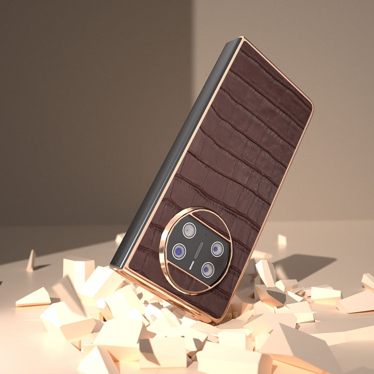 For Huawei Mate X3 Electroplating Crocodile Texture Genuine Leather Phone Case(Brown) - Huawei Cases by PMC TechLife | Online Shopping South Africa | PMC TechLife | Buy Now Pay Later Mobicred