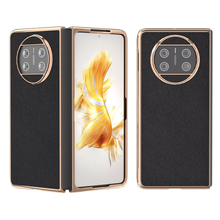 For Huawei Mate X3 Electroplating Genuine Leather + PC Litchi Texture Phone Case(Black) - Huawei Cases by PMC TechLife | Online Shopping South Africa | PMC TechLife | Buy Now Pay Later Mobicred