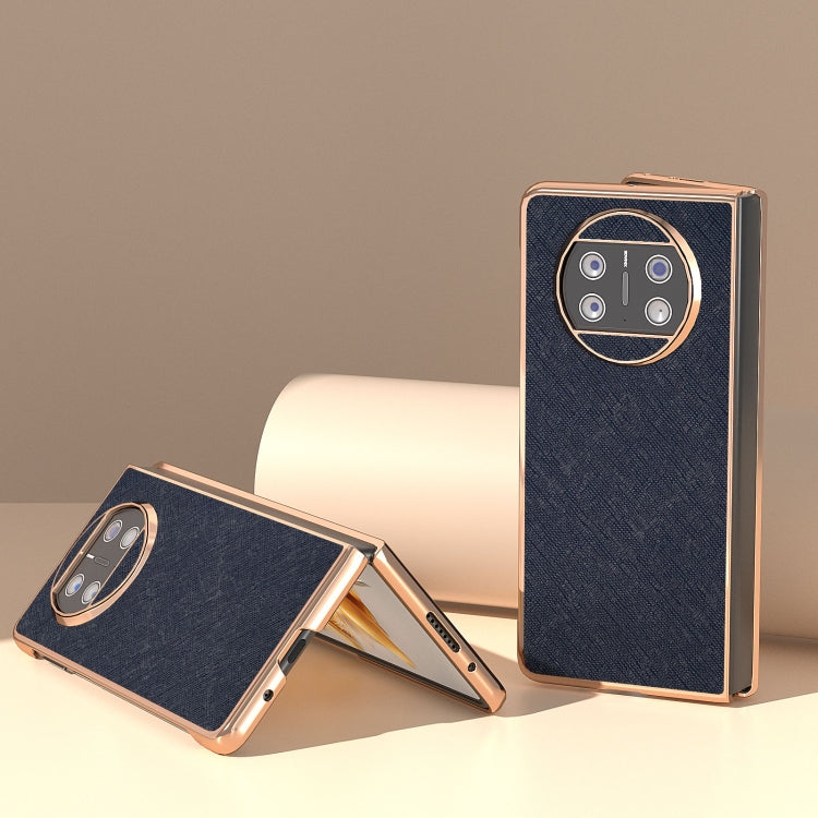For Huawei Mate X3 Electroplating Cross Texture Genuine Leather Phone Case(Blue) - Huawei Cases by PMC TechLife | Online Shopping South Africa | PMC TechLife | Buy Now Pay Later Mobicred