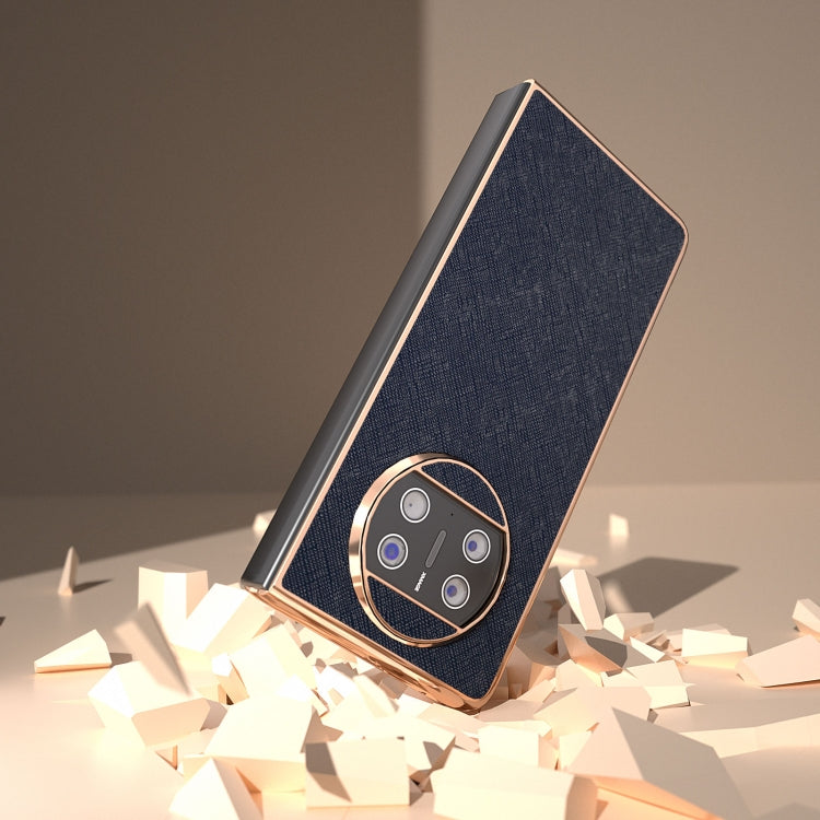 For Huawei Mate X3 Electroplating Cross Texture Genuine Leather Phone Case(Blue) - Huawei Cases by PMC TechLife | Online Shopping South Africa | PMC TechLife | Buy Now Pay Later Mobicred