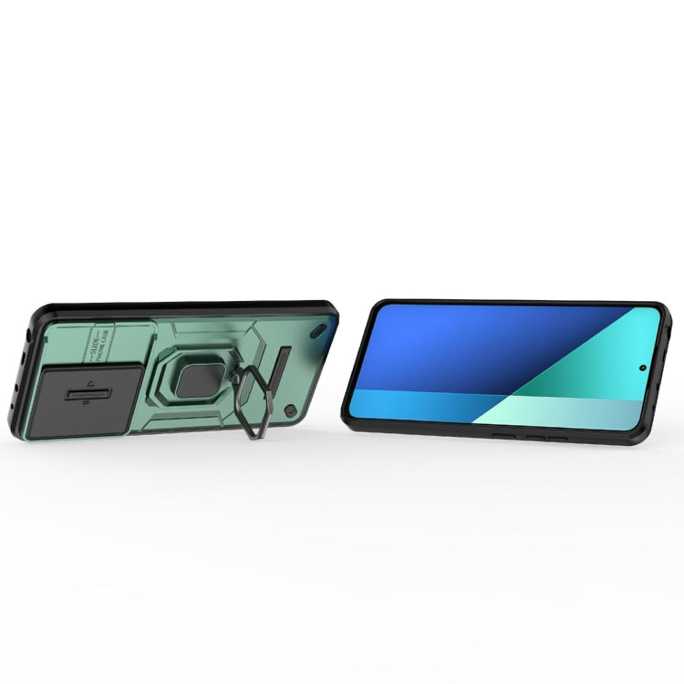 For Xiaomi Redmi Note 13 4G Global Sliding Camshield TPU + PC Shockproof Phone Case with Holder(Green) - Note 13 Cases by PMC TechLife | Online Shopping South Africa | PMC TechLife | Buy Now Pay Later Mobicred