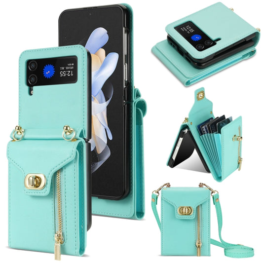 For Samsung Galaxy Z Flip4 Zipper Card Slots Folding Phone Case with Long Lanyard(Mint Green) - Galaxy Z Flip4 5G Cases by PMC Jewellery | Online Shopping South Africa | PMC Jewellery