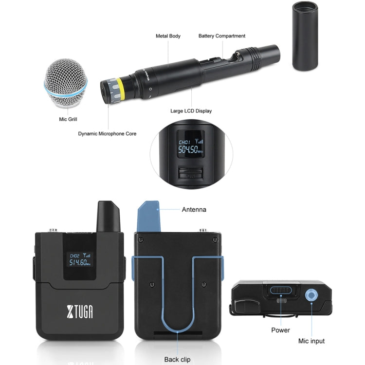 XTUGA A140-HB Wireless Microphone System 4 Channel Handheld Lavalier Headset Microphone(EU Plug) - Microphone by XTUGA | Online Shopping South Africa | PMC Jewellery | Buy Now Pay Later Mobicred