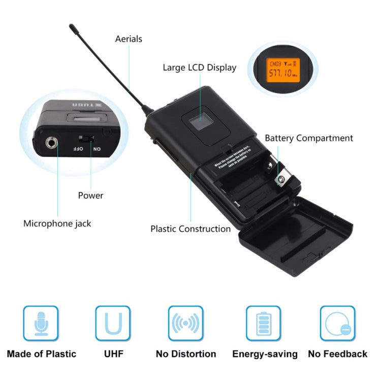 XTUGA A400-B Professional 4-Channel UHF Wireless Microphone System with 4 BodyPack Lavalier Headset Microphone(EU Plug) - Microphone by XTUGA | Online Shopping South Africa | PMC TechLife