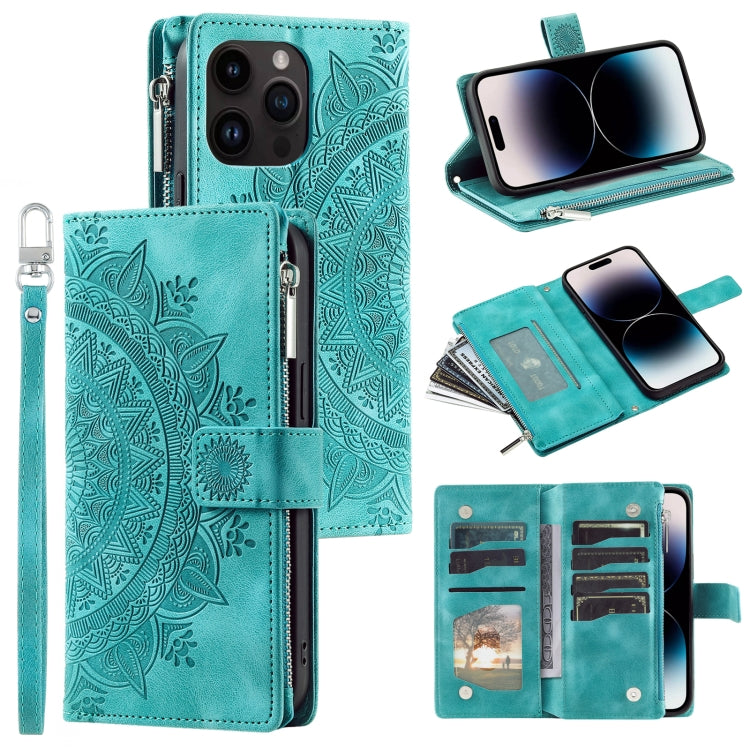 For iPhone 16 Pro Max Multi-Card Totem Zipper Leather Phone Case(Green) - iPhone 16 Pro Max Cases by PMC TechLife | Online Shopping South Africa | PMC TechLife | Buy Now Pay Later Mobicred