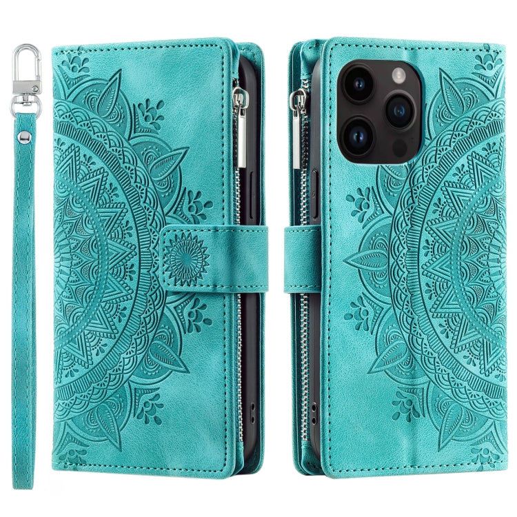 For iPhone 16 Pro Max Multi-Card Totem Zipper Leather Phone Case(Green) - iPhone 16 Pro Max Cases by PMC TechLife | Online Shopping South Africa | PMC TechLife | Buy Now Pay Later Mobicred