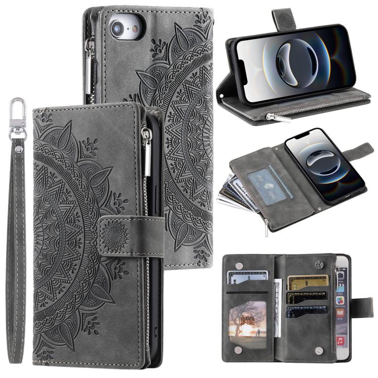 For iPhone 16e Multi-Card Totem Zipper Leather Phone Case(Grey) - free shipping - PMC TechLife - Order now!
