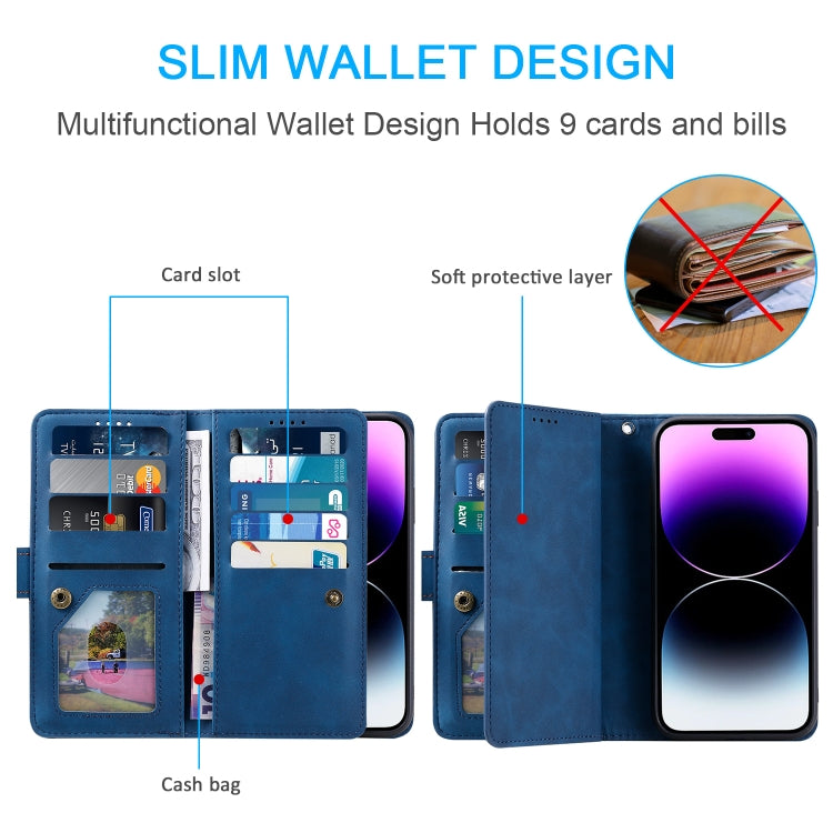 For iPhone 16 Plus Nine Card Zipper Bag Leather Phone Case with Lanyard(Blue) - iPhone 16 Plus Cases by PMC TechLife | Online Shopping South Africa | PMC TechLife | Buy Now Pay Later Mobicred