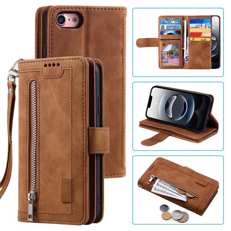 For iPhone 16e Nine Card Zipper Bag Leather Phone Case with Lanyard(Brown) - free shipping - PMC TechLife - Order now!