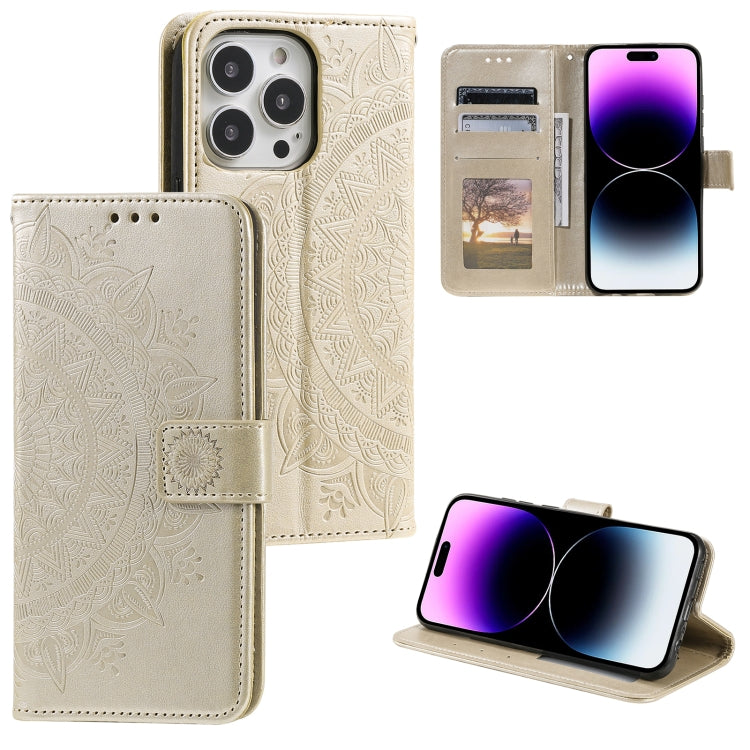 For iPhone 16 Pro Max Totem Flower Embossed Leather Phone Case(Gold) - iPhone 16 Pro Max Cases by PMC TechLife | Online Shopping South Africa | PMC TechLife | Buy Now Pay Later Mobicred