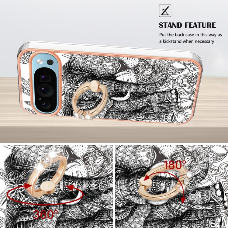 For Google Pixel 9 / 9 Pro Electroplating Dual-side IMD Phone Case with Ring Holder(Totem Elephant) - Google Cases by PMC TechLife | Online Shopping South Africa | PMC TechLife | Buy Now Pay Later Mobicred