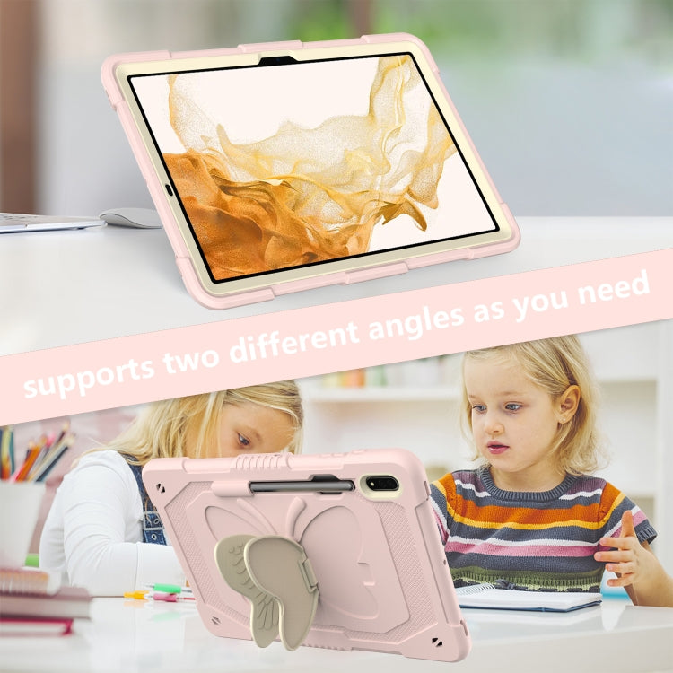 For Samsung Galaxy Tab S9 Butterfly Kickstand Heavy Duty Hard Rugged Tablet Case(Beige+Rose Pink) - Galaxy Tab S9 Cases by PMC Jewellery | Online Shopping South Africa | PMC Jewellery | Buy Now Pay Later Mobicred