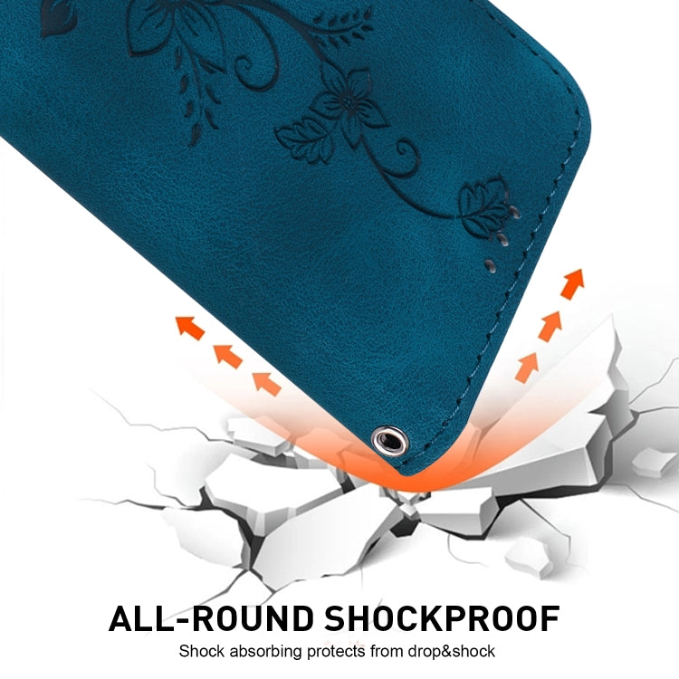 For iPhone 16e Lily Embossed Leather Phone Case(Dark Blue) - iPhone 16e Cases by PMC TechLife | Online Shopping South Africa | PMC TechLife | Buy Now Pay Later Mobicred