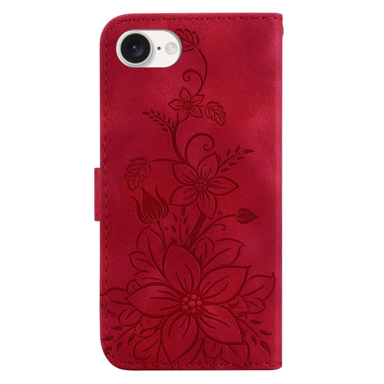 For iPhone 16e Lily Embossed Leather Phone Case(Red) - iPhone 16e Cases by PMC TechLife | Online Shopping South Africa | PMC TechLife | Buy Now Pay Later Mobicred