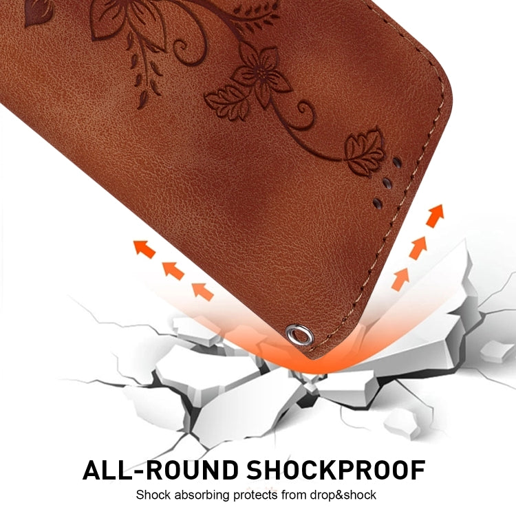 For iPhone 16 Plus Lily Embossed Leather Phone Case(Brown) - free shipping - PMC TechLife - Order now!