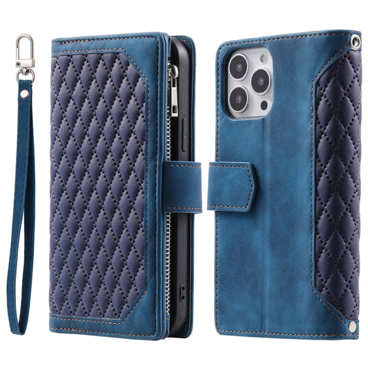 For iPhone 16 Pro Max Grid Texture Zipper Leather Phone Case with Lanyard(Blue) - iPhone 16 Pro Max Cases by PMC Jewellery | Online Shopping South Africa | PMC Jewellery | Buy Now Pay Later Mobicred