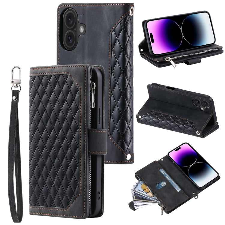 For iPhone 16 Plus Grid Texture Zipper Leather Phone Case with Lanyard(Black) - iPhone 16 Plus Cases by PMC TechLife | Online Shopping South Africa | PMC TechLife | Buy Now Pay Later Mobicred