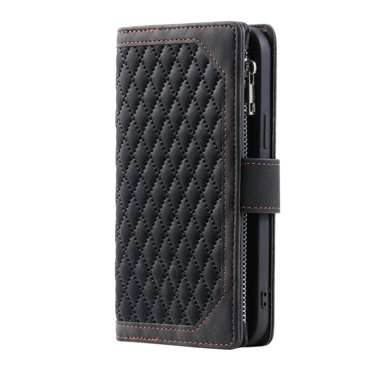 For iPhone 16 Plus Grid Texture Zipper Leather Phone Case with Lanyard(Black) - iPhone 16 Plus Cases by PMC TechLife | Online Shopping South Africa | PMC TechLife | Buy Now Pay Later Mobicred