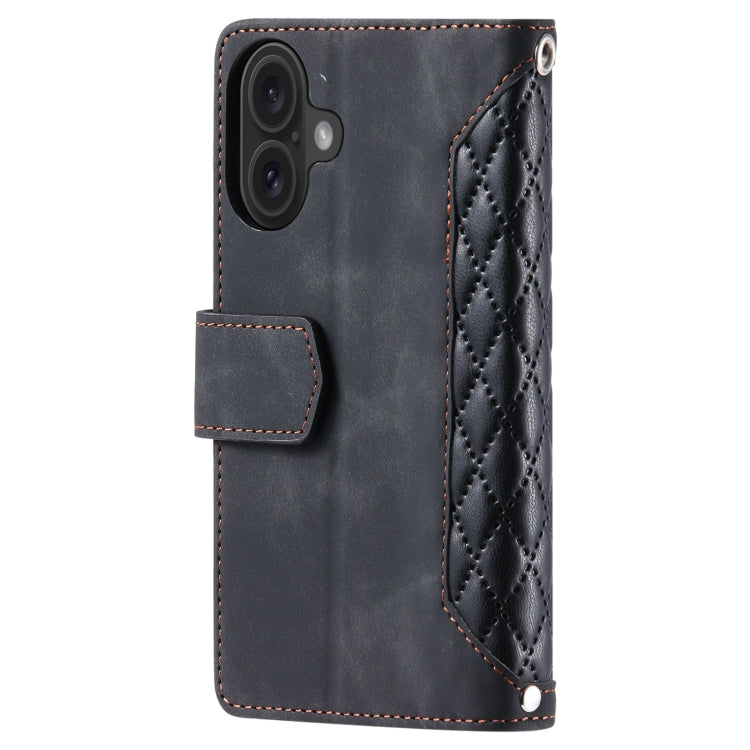 For iPhone 16 Plus Grid Texture Zipper Leather Phone Case with Lanyard(Black) - iPhone 16 Plus Cases by PMC TechLife | Online Shopping South Africa | PMC TechLife | Buy Now Pay Later Mobicred