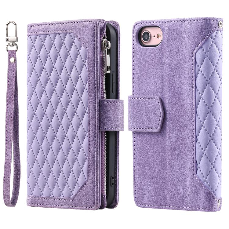 For iPhone 16e Grid Texture Zipper Leather Phone Case with Lanyard(Purple) - iPhone 16e Cases by PMC TechLife | Online Shopping South Africa | PMC TechLife | Buy Now Pay Later Mobicred