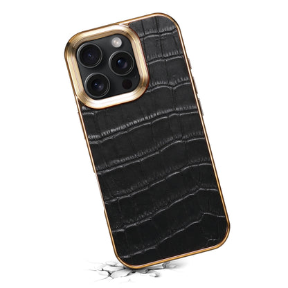 For iPhone 16 Pro Max Denior Crocodile Texture Genuine Leather Electroplating Phone Case(Black) - More iPhone Cases by Denior | Online Shopping South Africa | PMC Jewellery | Buy Now Pay Later Mobicred