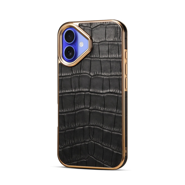 For iPhone 16 Plus Denior Crocodile Texture Genuine Leather Electroplating Phone Case(Black) - More iPhone Cases by Denior | Online Shopping South Africa | PMC Jewellery | Buy Now Pay Later Mobicred