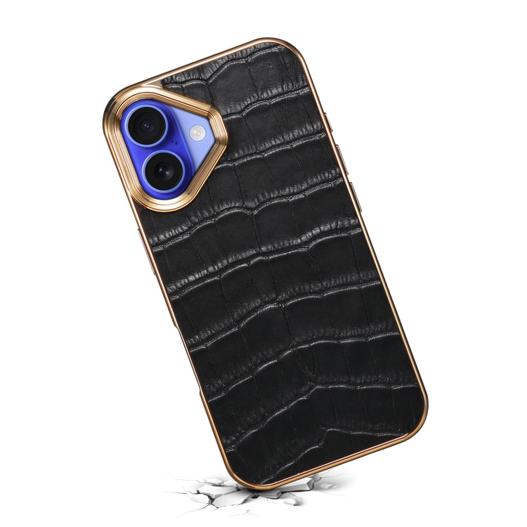 For iPhone 16 Denior Crocodile Texture Genuine Leather Electroplating Phone Case(Black) - More iPhone Cases by Denior | Online Shopping South Africa | PMC Jewellery | Buy Now Pay Later Mobicred