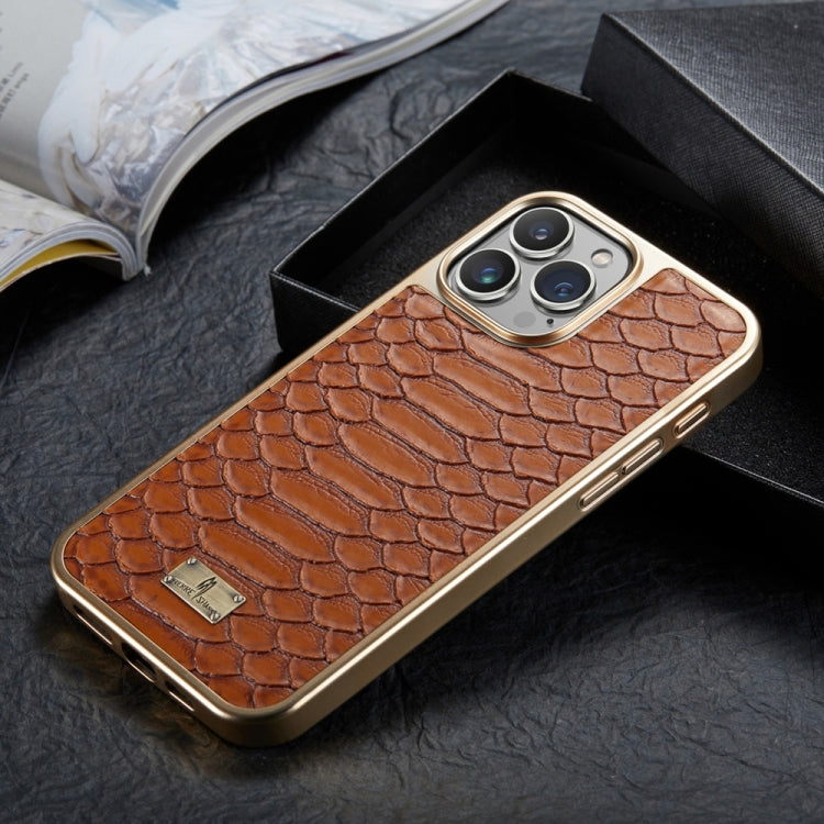 For iPhone 16 Pro Max Fierre Shann Python Texture Electroplating PU Phone Case(Brown) - iPhone 16 Pro Max Cases by FIERRE SHANN | Online Shopping South Africa | PMC Jewellery | Buy Now Pay Later Mobicred