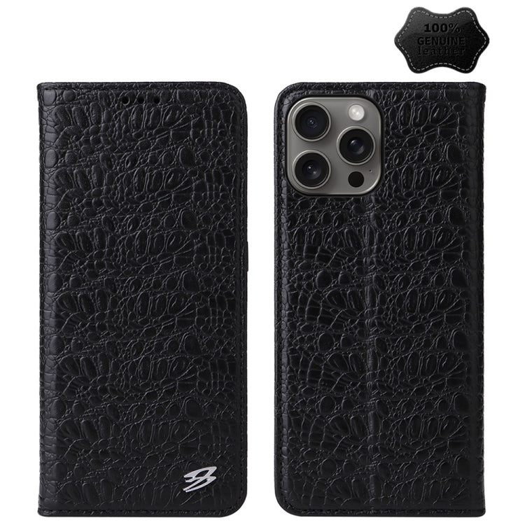 For iPhone 16 Pro Max Fierre Shann Crocodile Texture Magnetic Genuine Leather Phone Case(Black) - free shipping - PMC Jewellery - Order now!